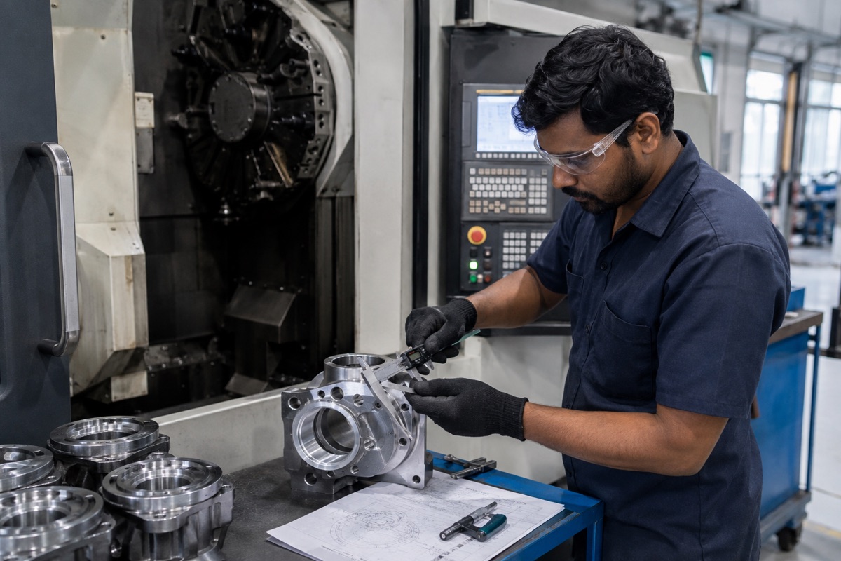 Indian CNC operator measuring a machined automotive component