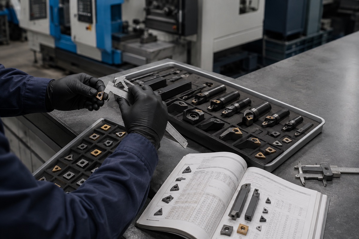 Tooling specialist selecting and measuring precision inserts
